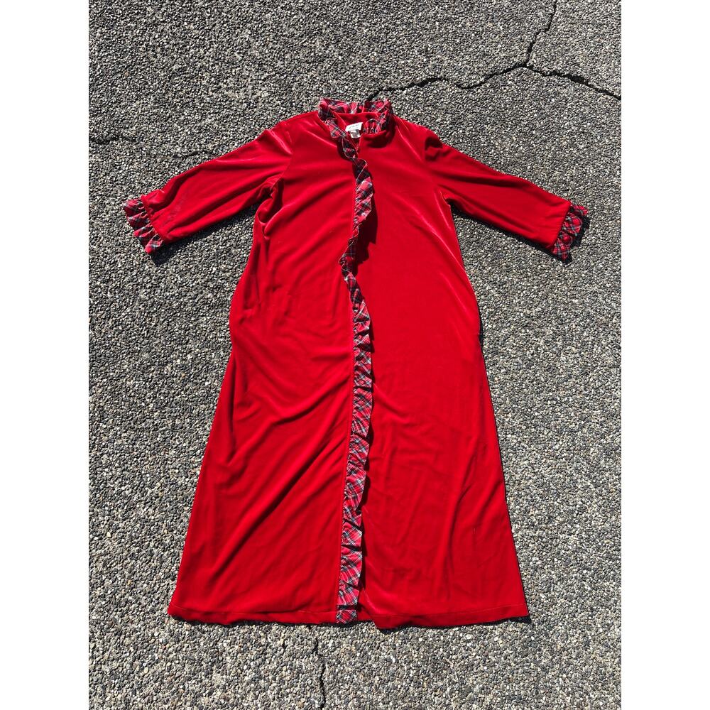 Vintage china Satin robe 100% polyester 80s plaid frilly soft red USA made med
